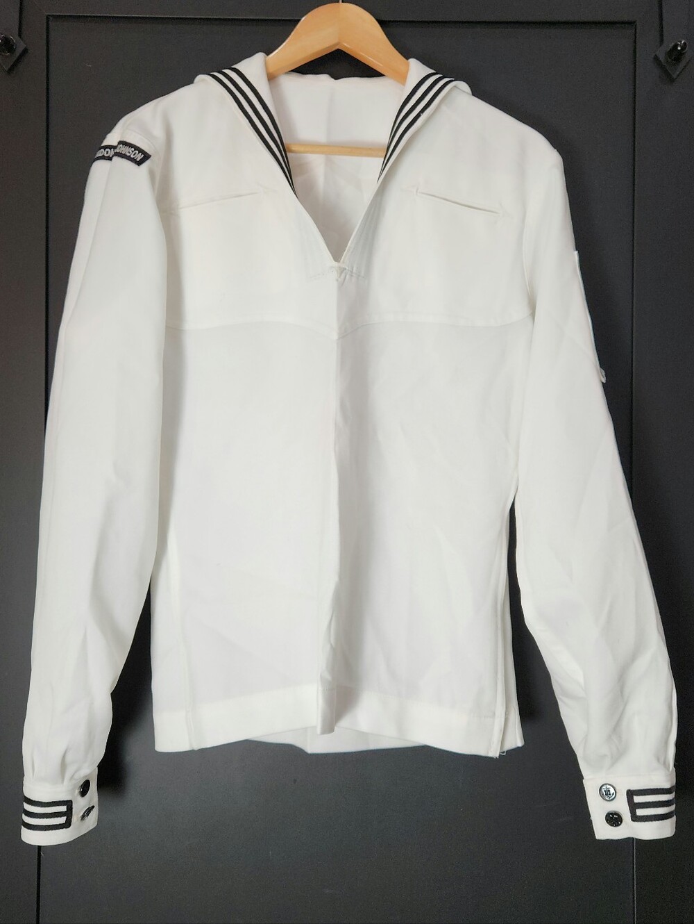 US Navy Service Dress White Jumper 38L USS Lyndon B Johnson Patch Cracker Jack